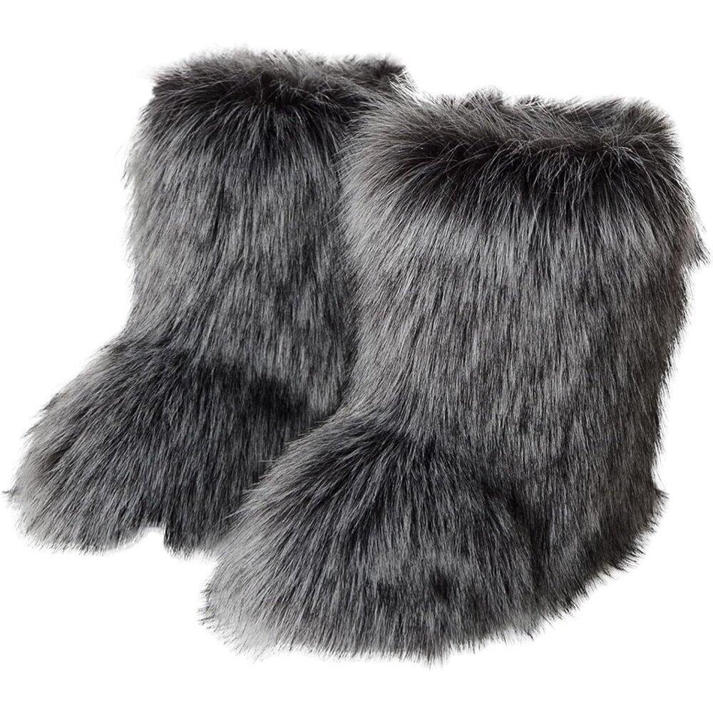Womens Winter Snow Boots Knee High Faux Fur Lined Flat Heel Dark Gray Warm Shoes